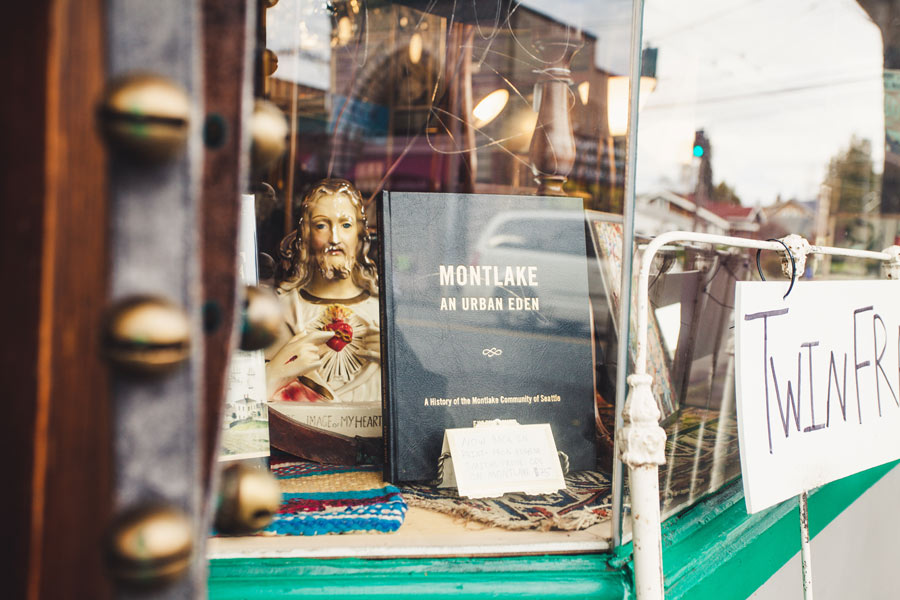 Exterior of window display of Mr. Johnson’s Antiques.