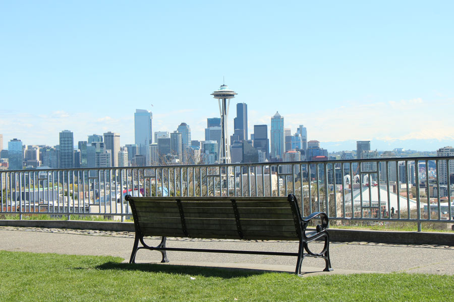 Bench in front of viewpoint of Seattle Skyline in Queen Anne.