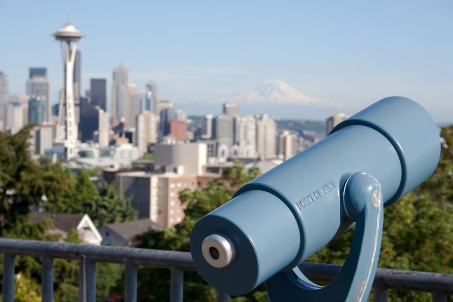 Tourist telescope along viewpoint of Seattle skyline in Queen Anne.
