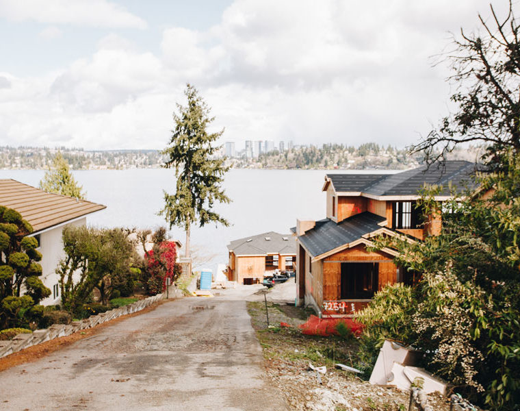 View from above of homes near lake in Mercer Island.