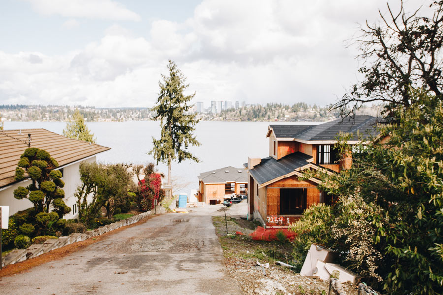 View from above of homes near lake in Mercer Island.