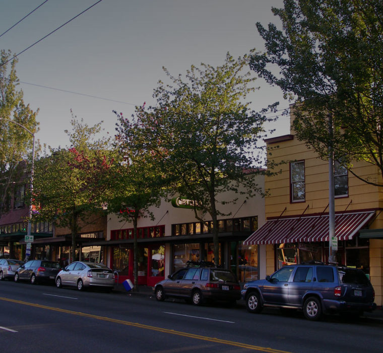 Retail buildings along street in Columbia City.