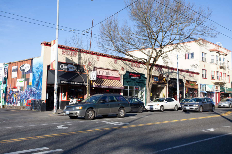 View of retail shops along street in Wallingford.