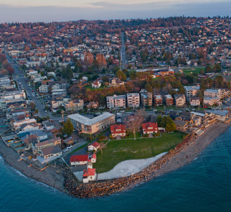 Aerial view of West Seattle peninsula and lighthouse.