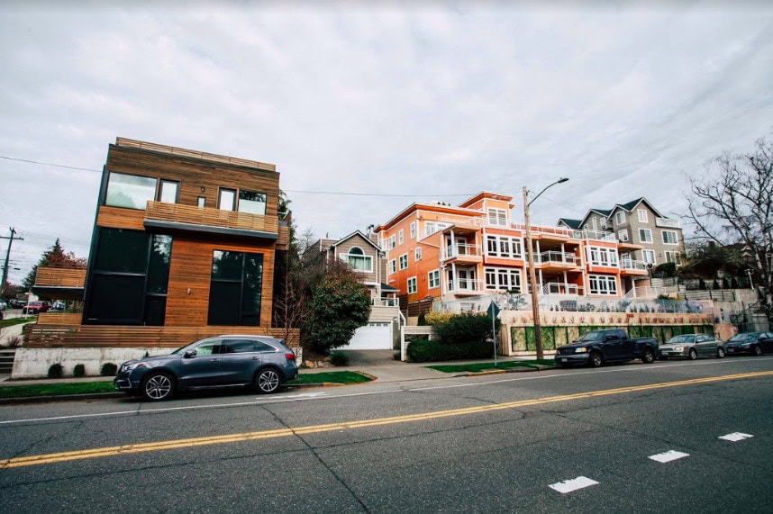 storefront and home front on a neighborhood street in Seattle