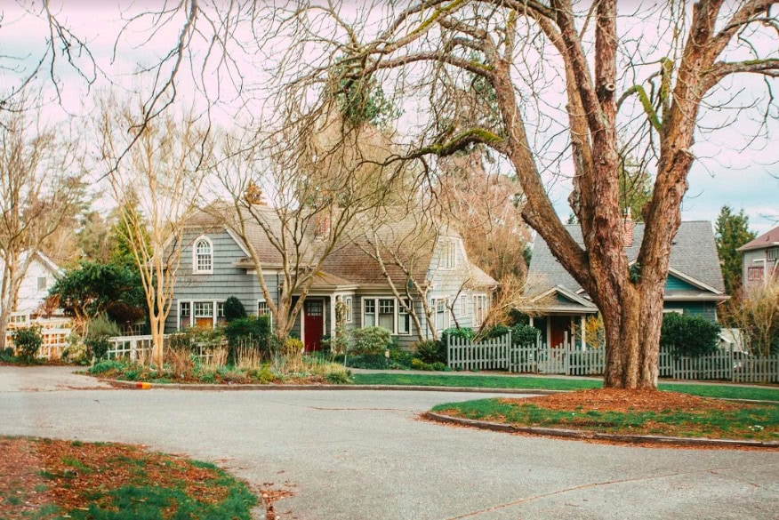 image of house on a suburban street with large tree in front